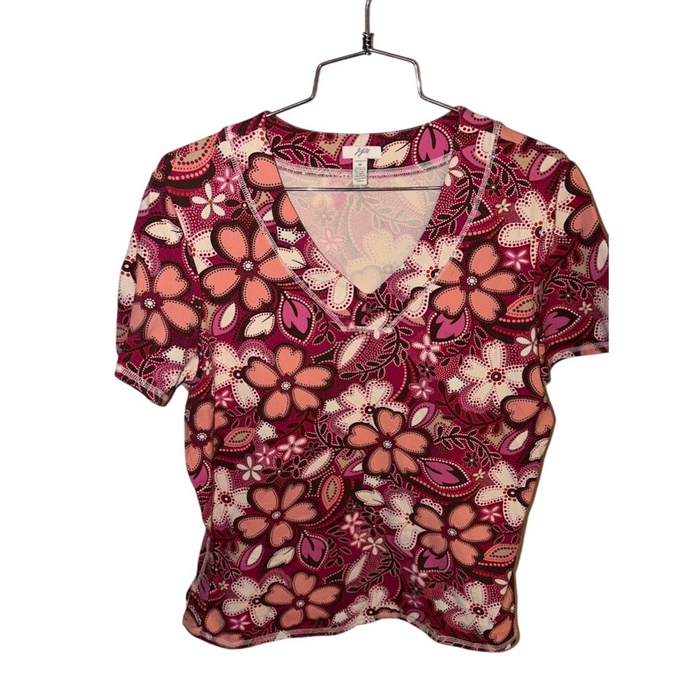 J. Jill Womens V-Neck Short Sleeve Floral Paisley Stretch Knit Top Pink Size M